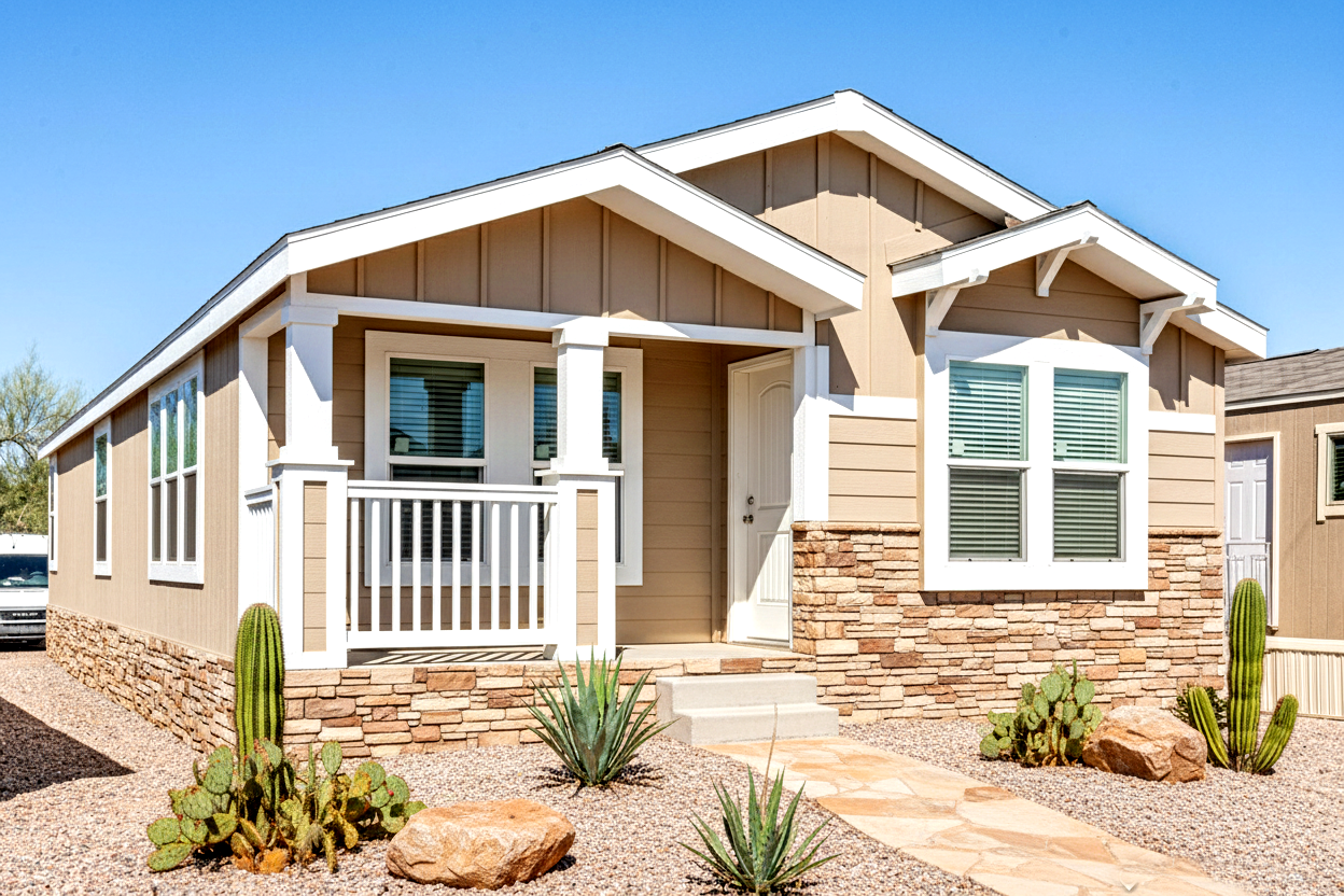 Manufactured Home Front Porch Style Board And Batten Lap Siding Gable End Front Door