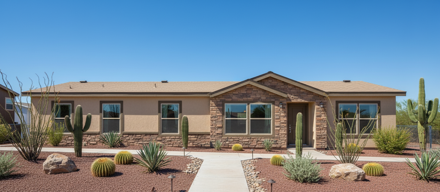 Manufactured Home Ranch Style Stone Elevation With Shutters