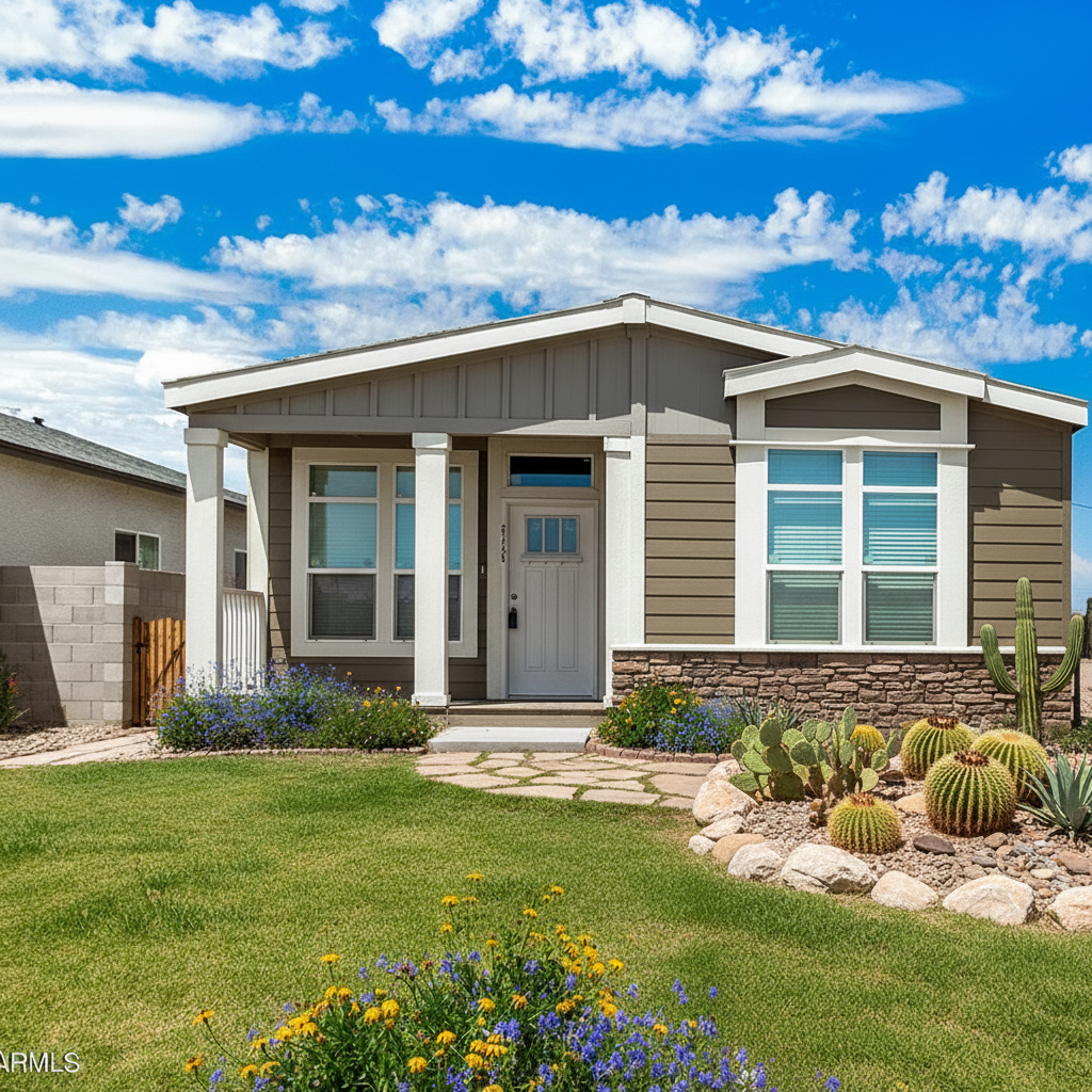 Manufactured Home With End Front Door Columns Stone Wainscot Custom Landscaping