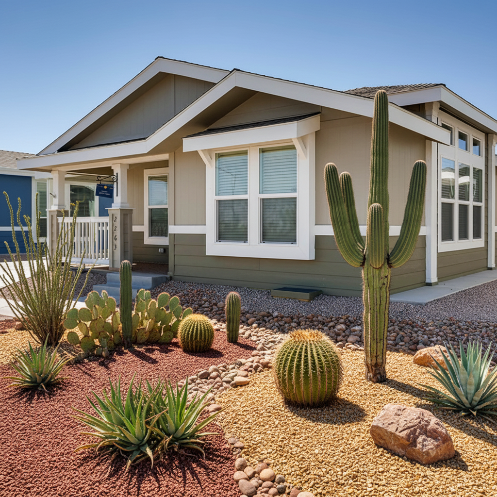 Manufactured Home With End Front Door Front Porch And Arizona Desert Landscape