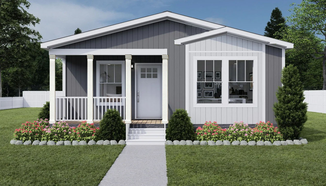 Manufactured Home With End Front Door Square Columns Stone Facade