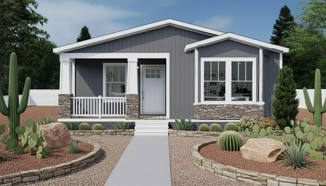 Manufactured Home with end front door - tapered columns - stone