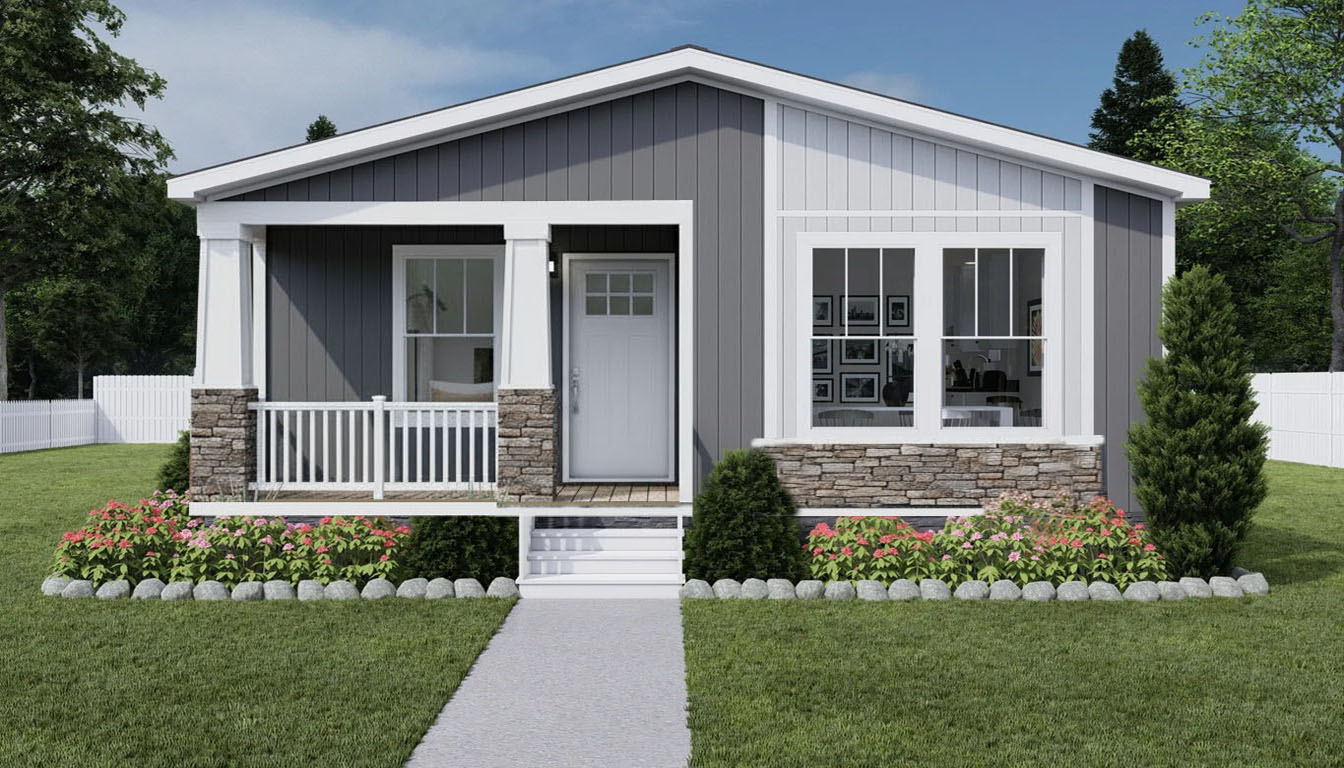 Manufactured Home With End Front Door Tapered Stone Columns Stone Wainscote